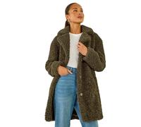 Roman Originals Teddy Coat for Women UK Ladies Borg Faux Fur Coatigan Lined Casual Soft Fluffy Fleece Texture Oversized Longline Warm Cosy Winter Jacket Thick Cardigan - Petite Khaki - Size 16