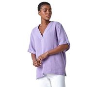 Roman Originals Textured Cotton Relaxed T-Shirt for Women UK - Ladies Everyday Holiday Spring Summer V-Neckline Comfy Soft Evening Vacation Work Party - Lilac - Size 12
