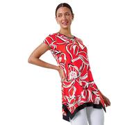 Roman Originals Textured Fan Print Stretch Hanky Hem Top for Women UK - Ladies Everyday Holiday Spring Summer Round Neckline Comfy Soft Evening Vacation Work Party - Orange & White - Size 10