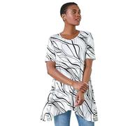 Roman Originals Textured Fan Print Stretch Hanky Hem Top for Women UK - Ladies Everyday Holiday Spring Summer Round Neckline Comfy Soft Evening Vacation Work Party - Ivory & Noir - Size 18
