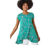 Roman Originals Textured Fan Print Stretch Hanky Hem Top for Women UK - Ladies Everyday Holiday Spring Summer Round Neckline Comfy Soft Evening Vacation Work Party - Green - Size 10