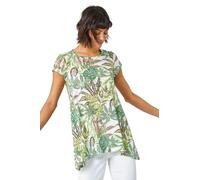 Roman Originals Textured Fan Print Stretch Hanky Hem Top for Women UK - Ladies Everyday Holiday Spring Summer Round Neckline Comfy Soft Evening Vacation Work Party - Lime Natural - Size 10