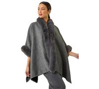Roman Originals Textured Faux Fur Trim Cape for Women UK - Ladies Everyday Holiday Spring Summer Comfy Soft Evening Vacation Work Party - Grey - Size ONE