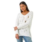 Roman Originals Textured Foil Snit V-Neck Top for Women UK - Ladies Everyday Holiday Spring Summer V-Neckline Comfy Soft Evening Vacation Work Party - White - Size L