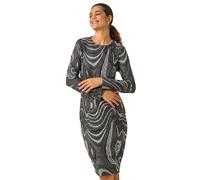 Roman Originals Textured Swirl Pattern Stretch Midi Dress for Women UK - Ladies Everyday Autumn Winter Round Neckline Comfy Soft Evening Vacation Work Party Night Out - Grey - Size 16