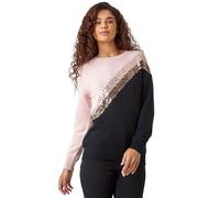 Roman Originals Thick Jumper for Women UK - Ladies Winter Autumn Smart Casual Knit Knitted Knitwear Pull-On Round Crew Neck Long Sleeve Work Office Dinner Party - Black & Pink - Size 12