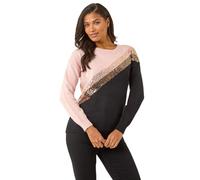 Roman Originals Thick Jumper for Women UK - Ladies Winter Autumn Smart Casual Knit Knitted Knitwear Pull-On Round Crew Neck Long Sleeve Work Office Dinner Party - Black & Pink - Size 14