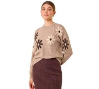 Roman Originals Thick Jumper for Women UK - Ladies Winter Autumn Smart Casual Knit Knitted Knitwear Pull-On Round Crew Neck Long Sleeve Work Office Dinner Party - Floral Beige - Size 14