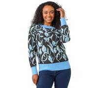 Roman Originals Thick Jumper for Women UK - Ladies Winter Autumn Smart Casual Knit Knitted Knitwear Pull-On Round Crew Neck Long Sleeve Work Office Dinner Party - Petite Blue - Size 14
