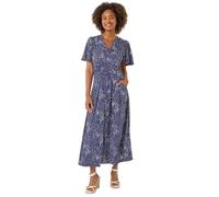 Roman Originals Tie Back V-Neck Stretch Midi Dress for Women UK - Ladies Everyday Holiday Spring Summer V-Neckline Comfy Soft Evening Vacation Work Party - Navy - Size 14