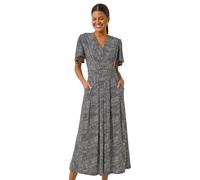 Roman Originals Tie Back V-Neck Stretch Midi Dress for Women UK - Ladies Everyday Holiday Spring Summer V-Neckline Comfy Soft Evening Vacation Work Party - Black Spot - Size 20