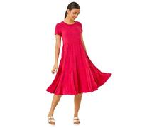 Roman Originals Tiered Smock Midi Dress for Women UK - Ladies Everyday Holiday Spring Summer Round Neckline Comfy Soft Evening Vacation Work Party - Pink - Size 14