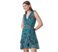 Roman Originals Tropical Leaf Print Frill Wrap Dress for Women UK - Ladies Everyday Holiday Spring Summer V-Neckline Comfy Soft Evening Vacation Work Party - Turquoise - Size 18