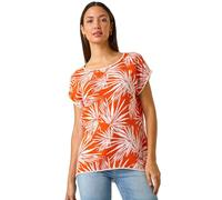 Roman Originals Tropical Print Bobble Trim T-Shirt for Women UK - Ladies Everyday Autumn Winter Round Neckline Comfy Soft Evening Vacation Work Party Night Out - Orange - Size 16