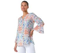 Roman Originals Tropical Print Frill Sleeve Top for Women UK - Ladies Everyday Holiday Spring Summer V-Neckline Comfy Soft Evening Vacation Work Party - Blue - Size 14