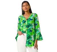 Roman Originals Tropical Print Frill Sleeve Top for Women UK - Ladies Everyday Holiday Spring Summer V-Neckline Comfy Soft Evening Vacation Work Party - Abstract Green - Size 12