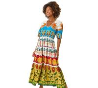 Roman Originals Tropical Print V-Neck Maxi Dress for Women UK - Ladies Everyday Holiday Spring Summer V-Neckline Comfy Soft Evening Vacation Work Party - Red - Size 20