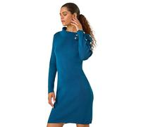 Roman Originals Turtle Neck Button Detail Jersey Dress for Women UK - Ladies Everyday Holiday Autumn Winter Pull-On Long Sleeves Comfy Soft Evening Vacation Work Party - Teal - Size 20