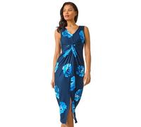 Roman Originals Twist Front Midi Dress for Women UK - Ladies Everyday Autumn Winter Round Neckline Comfy Soft Evening Vacation Work Party Night Out - Navy Floral - Size 10