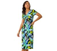 Roman Originals Twist Front Midi Dress for Women UK - Ladies Everyday Autumn Winter Round Neckline Comfy Soft Evening Vacation Work Party Night Out - Blue Leaf - Size 10
