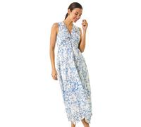 Roman Originals Twist Front Midi Dress for Women UK - Ladies Everyday Autumn Winter Round Neckline Comfy Soft Evening Vacation Work Party Night Out - Blue White Floral - Size 10