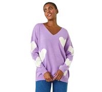 Roman Originals V-Neck Heart Detail Knit Jumper for Women UK - Ladies Everyday Autumn Winter Round Neckline Comfy Soft Evening Vacation Work Party Night Out - Lilac White - Size 12