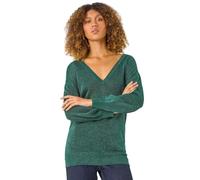 Roman Originals V-Neck Jumper for Women UK Ladies Boyfriend Fit Slouch Sweater Winter Autumn Textured Casual Flattering Knit Pullover Knitwear Daywear Lightweight Lounge - Plain Green - Size 14