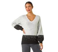 Roman Originals V-Neck Jumper for Women UK Ladies Boyfriend Fit Slouch Sweater Winter Autumn Textured Casual Flattering Knit Pullover Knitwear Daywear Lightweight Lounge - Light Grey Noir - Size 18