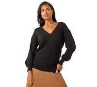 Roman Originals V-Neck Jumper for Women UK Ladies Boyfriend Fit Slouch Sweater Winter Autumn Textured Casual Flattering Knit Pullover Knitwear Daywear Lightweight Lounge - Black - Size 16