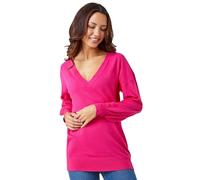 Roman Originals V-Neck Jumper for Women UK Ladies Boyfriend Fit Slouch Sweater Winter Autumn Textured Casual Flattering Knit Pullover Knitwear Daywear Lightweight Lounge - Fuchsia - Size 20