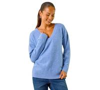 Roman Originals V-Neck Jumper for Women UK Ladies Boyfriend Fit Slouch Sweater Winter Autumn Textured Casual Flattering Knit Pullover Knitwear Daywear Lightweight Lounge - Petite Blue - Size 8