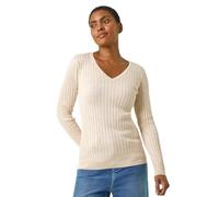 Roman Originals V-Neck Ribbed Knit Jumper for Women UK - Ladies Everyday Holiday Spring Summer V-Neckline Comfy Soft Evening Vacation Work Party - Ivory - Size 14