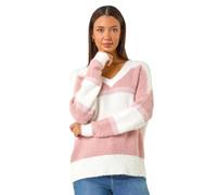 Roman Originals V-Neck Stripe Knit Jumper for Women UK - Ladies Everyday Autumn Winter Comfy Soft Evening Vacation Work Party Night Out - Pink - Size 12