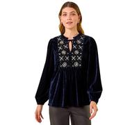 Roman Originals Velvet Embroidered Tie Top for Women UK - Ladies Everyday Autumn Winter Round Neckline Comfy Soft Evening Vacation Work Party Night Out - Navy - Size 18