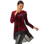 Roman Originals Velvet Rose Print Chiffon Hem Top for Women UK - Ladies Everyday Autumn Winter Round Neckline Comfy Soft Evening Vacation Work Party Night Out - Red - Size 16