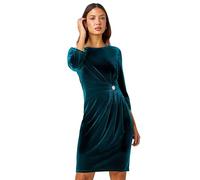 Roman Originals Velvet Side Twist Diamante Stretch Dress for Women UK - Ladies Autumn Everyday Winter Holiday Round Neckline Comfy 3/4 Sleeve Knee Length Frock Dinner Gowns - Green - Size 14