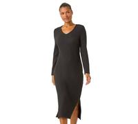 Roman Originals Wave Textured V-Neck Stretch Midi Dress for Women UK - Ladies Everyday Autumn Winter Round Neckline Comfy Soft Evening Vacation Work Party Night Out - Black - Size 10