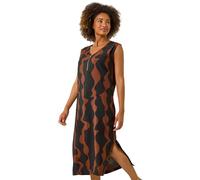 Roman Originals Wave Zip Front Midi Shift Dress for Women UK - Ladies Everyday Holiday Spring Summer V-Neckline Comfy Soft Evening Vacation Work Party - Tan - Size 14