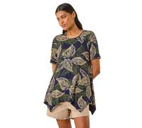 Roman Originals Women Asymmetric Top Ladies Hanky Hem Blouse Stretchy Tunic Occasion Smart Casual Summer Sprint Winter Autumn Cocktail Party Evening 3/4 Short Sleeve - Navy Multi Leaf - Size 12