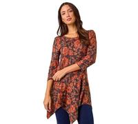 Roman Originals Women Asymmetric Top Ladies Hanky Hem Blouse Stretchy Tunic Occasion Smart Casual Summer Sprint Winter Autumn Cocktail Party Evening 3/4 Short Sleeve - Floral Orange - Size 16