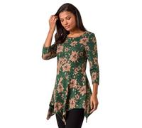 Roman Originals Women Asymmetric Top Ladies Hanky Hem Blouse Stretchy Tunic Occasion Smart Casual Summer Sprint Winter Autumn Cocktail Party Evening 3/4 Short Sleeve - Green Multi - Size 10