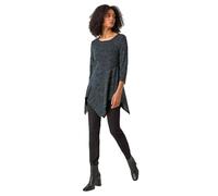 Roman Originals Women Asymmetric Top Ladies Hanky Hem Blouse Stretchy Tunic Occasion Smart Casual Summer Sprint Winter Autumn Cocktail Party Evening 3/4 Short Sleeve - Green Black - Size 18