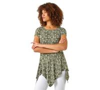 Roman Originals Women Asymmetric Top Ladies Hanky Hem Blouse Stretchy Tunic Occasion Smart Casual Summer Sprint Winter Autumn Cocktail Party Evening 3/4 Short Sleeve - Khaki Leaf - Size 10