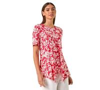 Roman Originals Women Asymmetric Top Ladies Hanky Hem Blouse Stretchy Tunic Occasion Smart Casual Summer Sprint Winter Autumn Cocktail Party Evening 3/4 Short Sleeve - Pink Floral - Size 14