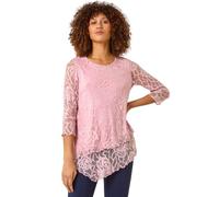 Roman Originals Women Burnout Spot Print Asymmetric Top - Ladies Stretch Jersey Round Neck 3/4 Length Sleeves Lettuce Hem Daywear Tops - Light Pink Rose - Size 12