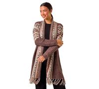 Roman Originals Women Cardigan - Ladies Longline Coatigan Tassel Open Front Cardi Winter Autumn Casual Textured Edge to Edge Yarn Patterned Comfy Work Going Out - Brown Multi - Size 10