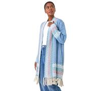 Roman Originals Women Cardigan - Ladies Longline Coatigan Tassel Open Front Cardi Winter Autumn Casual Textured Edge to Edge Yarn Patterned Comfy Work Going Out - Light Blue Multi - Size 16