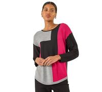 Roman Originals Women Colour Block Ribbed Jumper - Ladies Spring Everyday Summer Holiday Round Neckline Comfy Curved Hem Soft Vacation Jumpers - Black - Size 16
