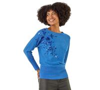 Roman Originals Women Diamante Embellished Jumper Ladies Sparkly Sequin Sweater Batwing Autumn Winter Sparkle Knit Knitwear Glittery Shiny Casual Evening Going Out Party - Blue - Size 18