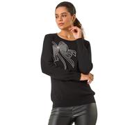 Roman Originals Women Diamante Embellished Jumper Ladies Sparkly Sequin Sweater Batwing Autumn Winter Sparkle Knit Knitwear Glittery Shiny Casual Evening Going Out Party - Black Shimmer - Size 20